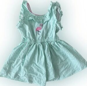 Crown and Ivy- 6M- girls 2 piece set, teal pinstripes with pink flamingo embroid